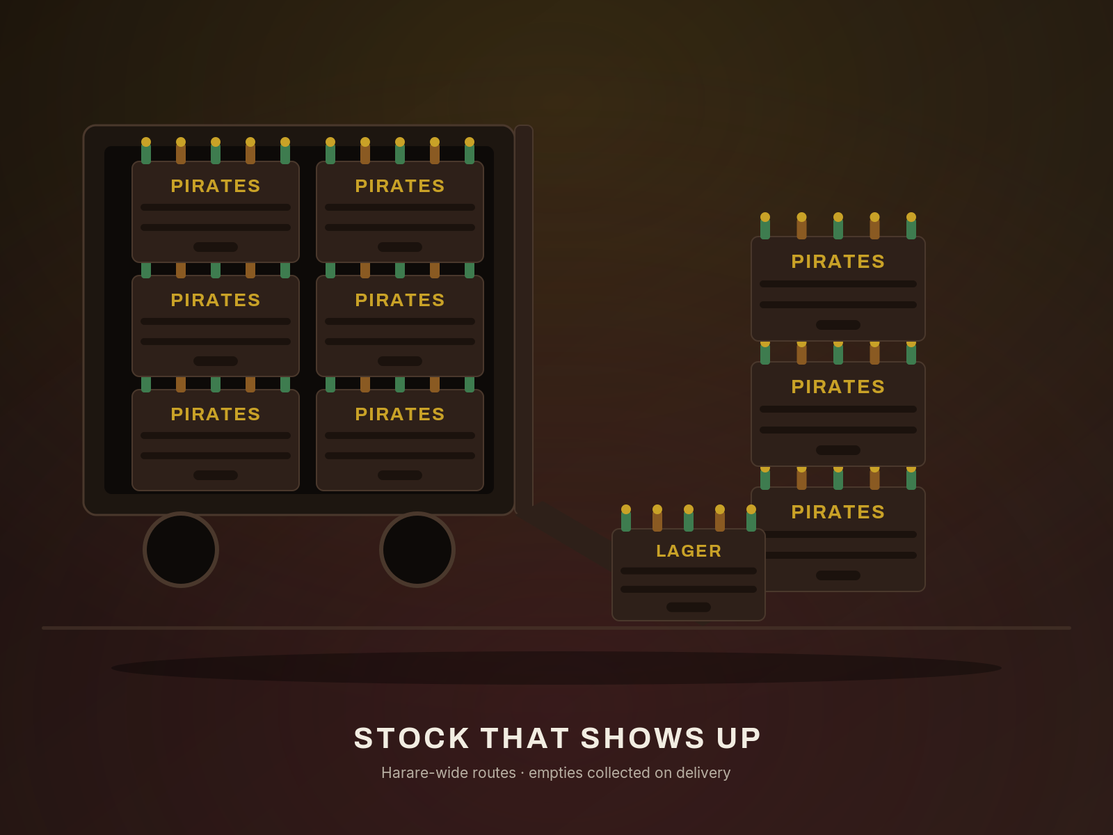 Illustration of a Pirates delivery truck being loaded with branded crates — stock that shows up