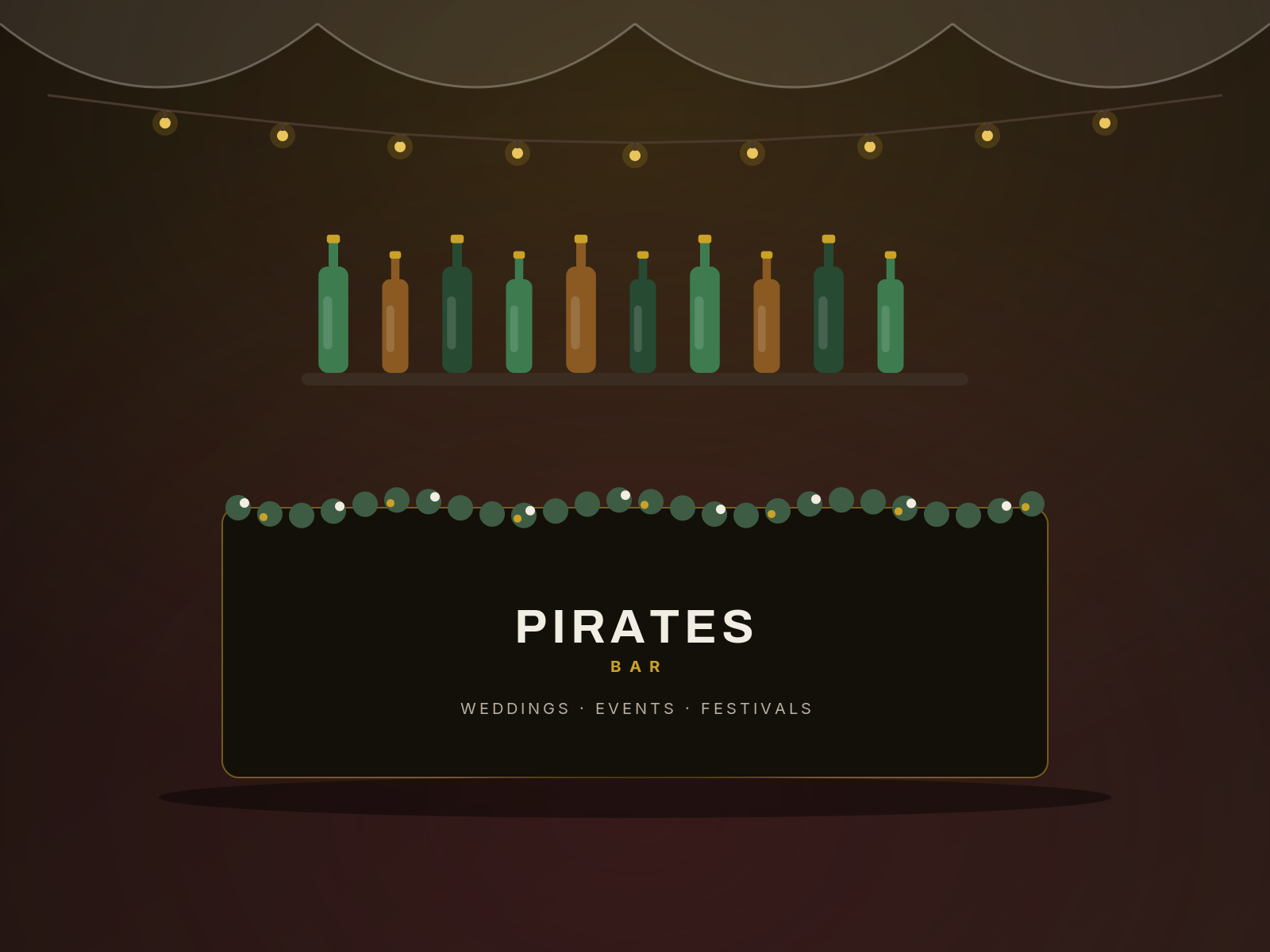Illustration of the Pirates bar dressed for a wedding — draped fabric, string lights and a floral garland